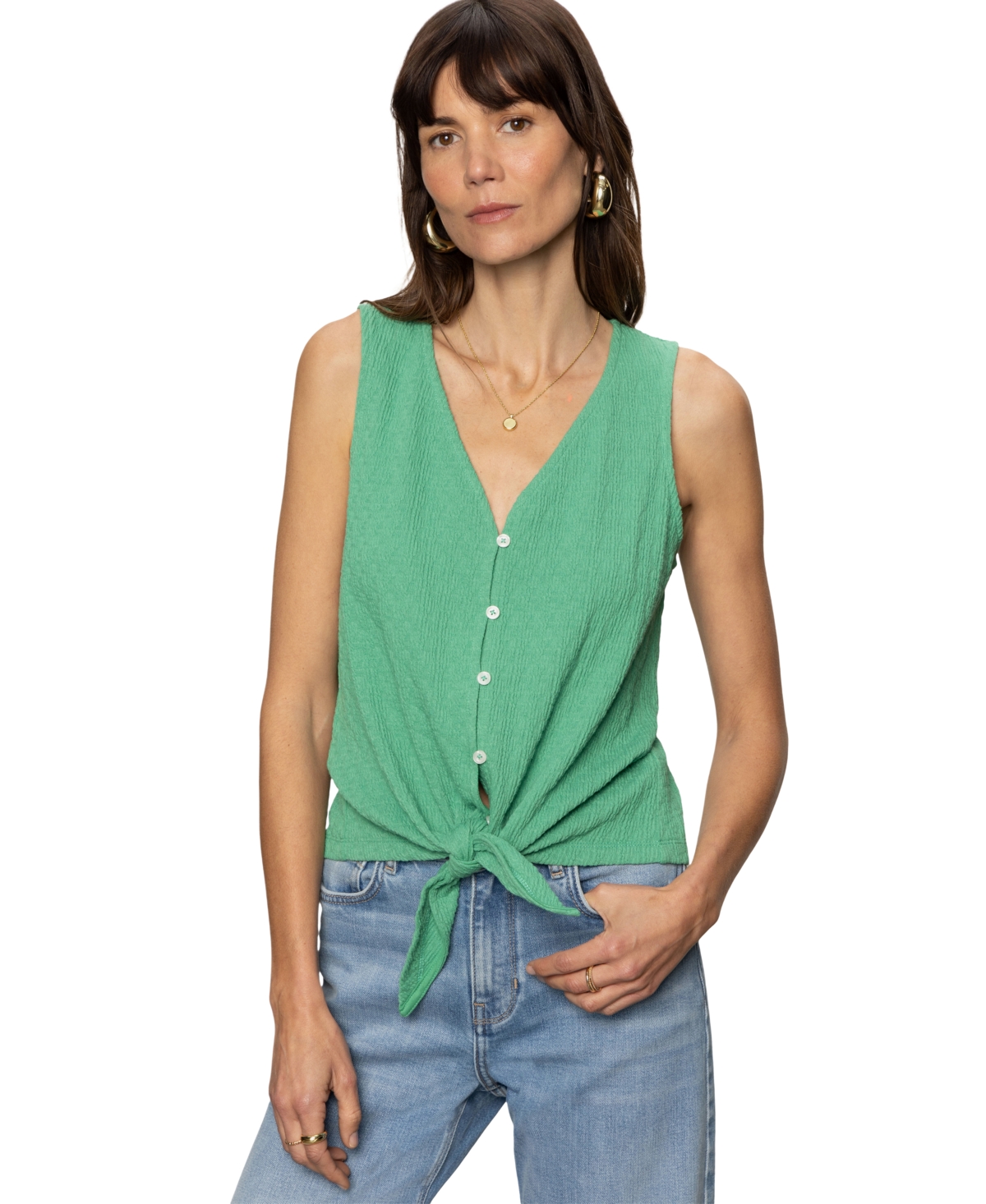 Sanctuary Vacation Textured Tie Front Button-up Tank In Palm