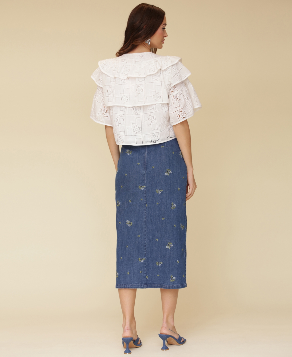 Shop Avec Les Filles Women's Embroidered Denim Midi Skirt In Kauri Wash With Ditsy Floral