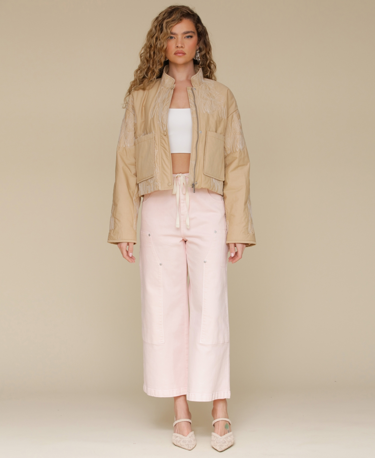 Shop Avec Les Filles Women's Cotton Embroidered Cropped Jacket In Tan,ivory Quilting