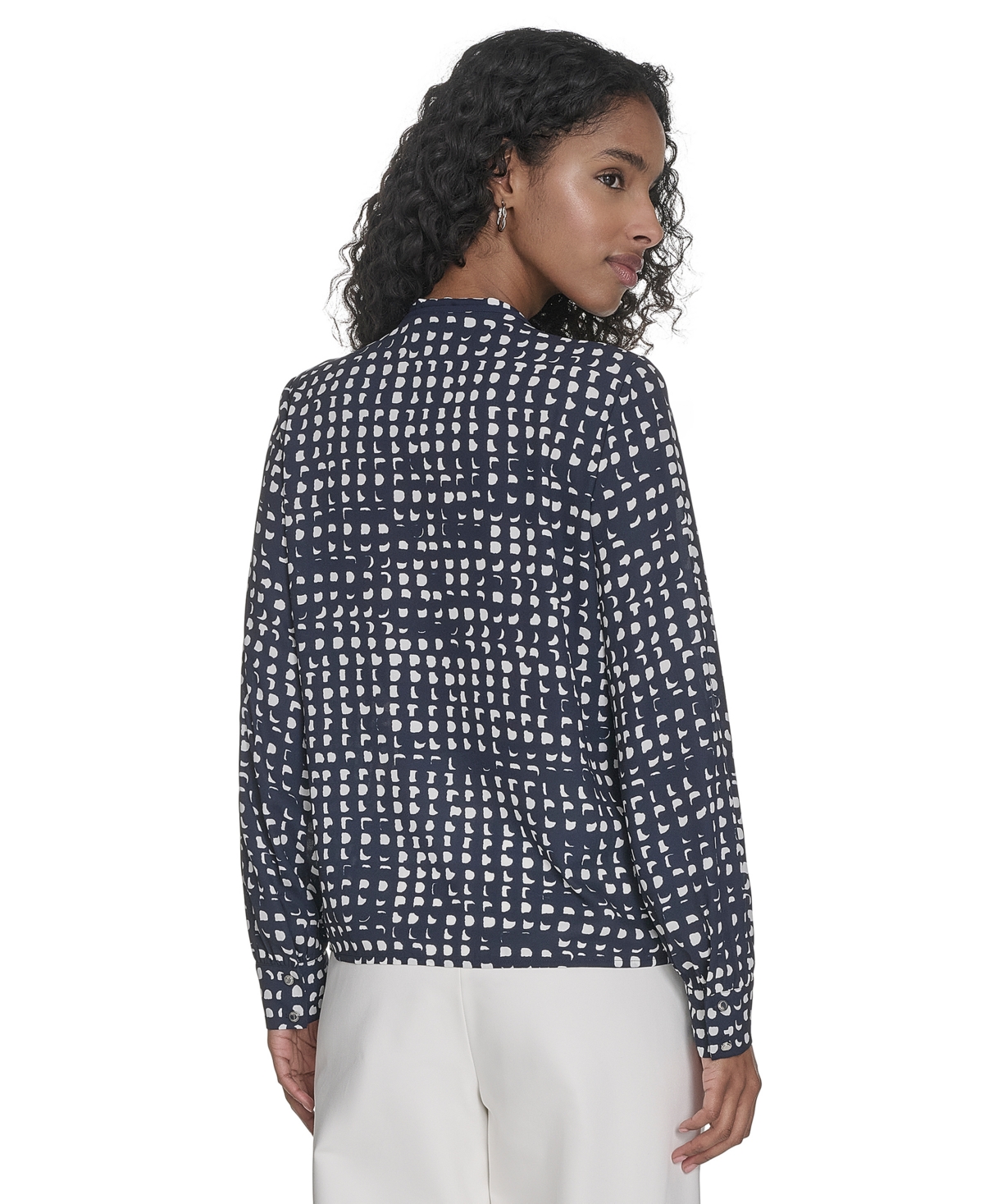 Calvin Klein Women's Printed Tie-neck Blouse In Navy,cream