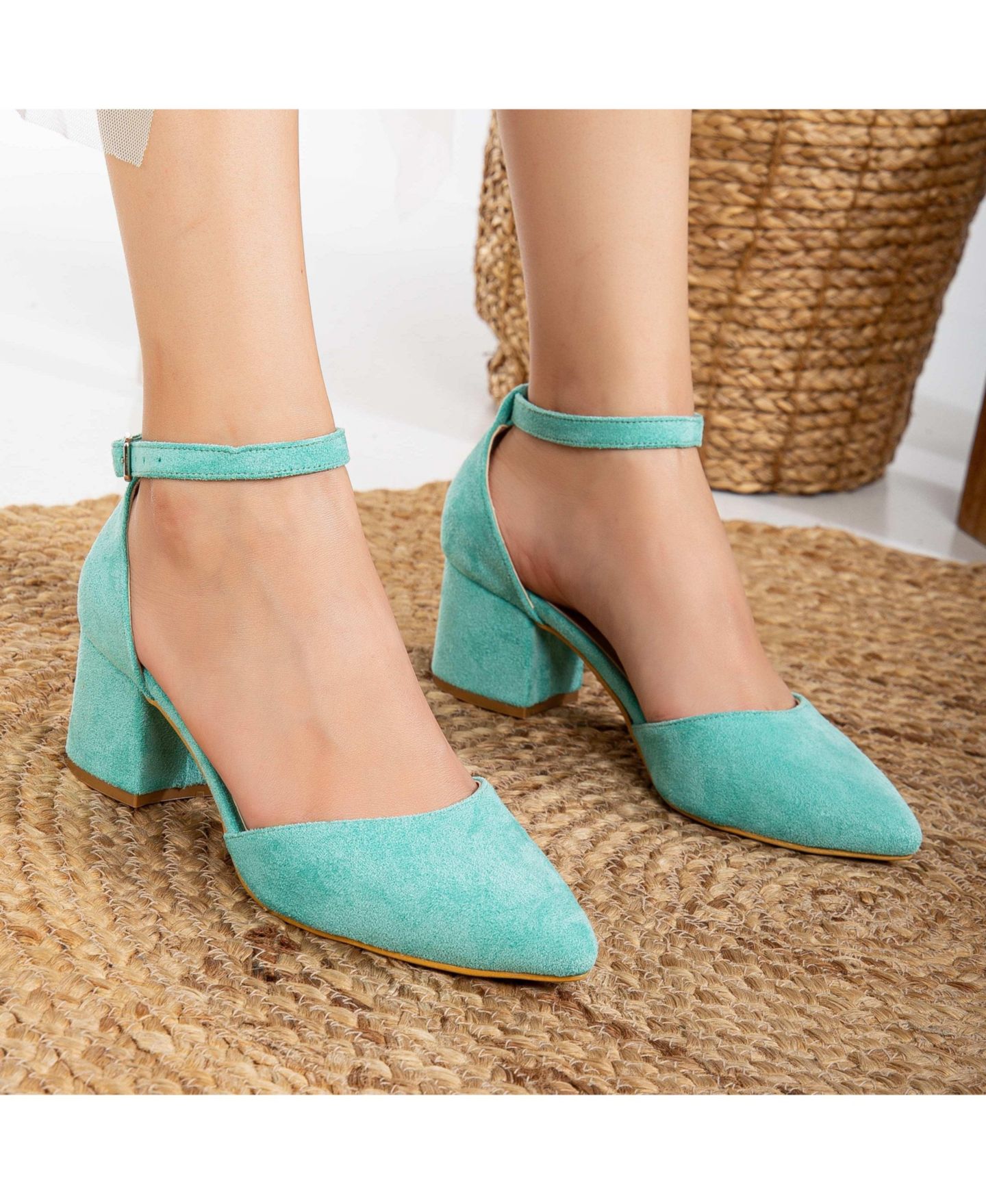 Женские туфли Forever & Always Shoes Miranda на низком блочном каблуке с жемчугом, цвет: Аквамариновый синий искусственный замшевый — фото 7