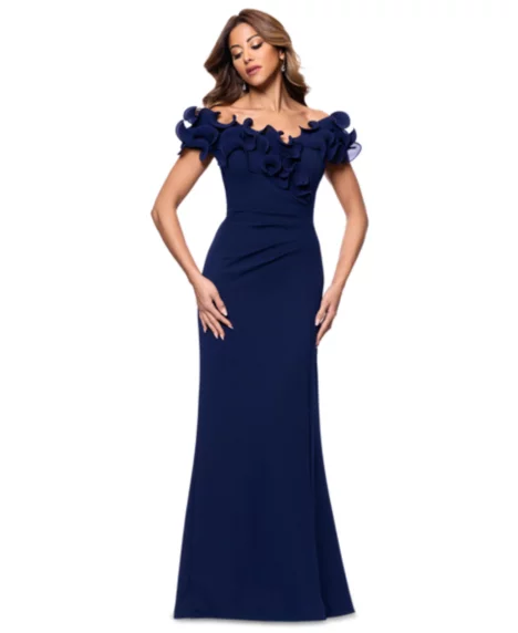Petite Ruffled Sweetheart-Neck Fit & Flare Gown - Navy