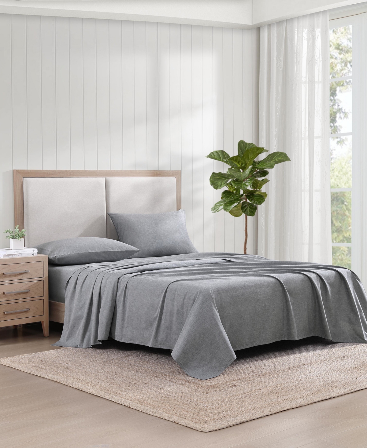 Tommy Hilfiger Solid 144-Thread Count Cotton Chambray Washed -Pc. Sheet Set