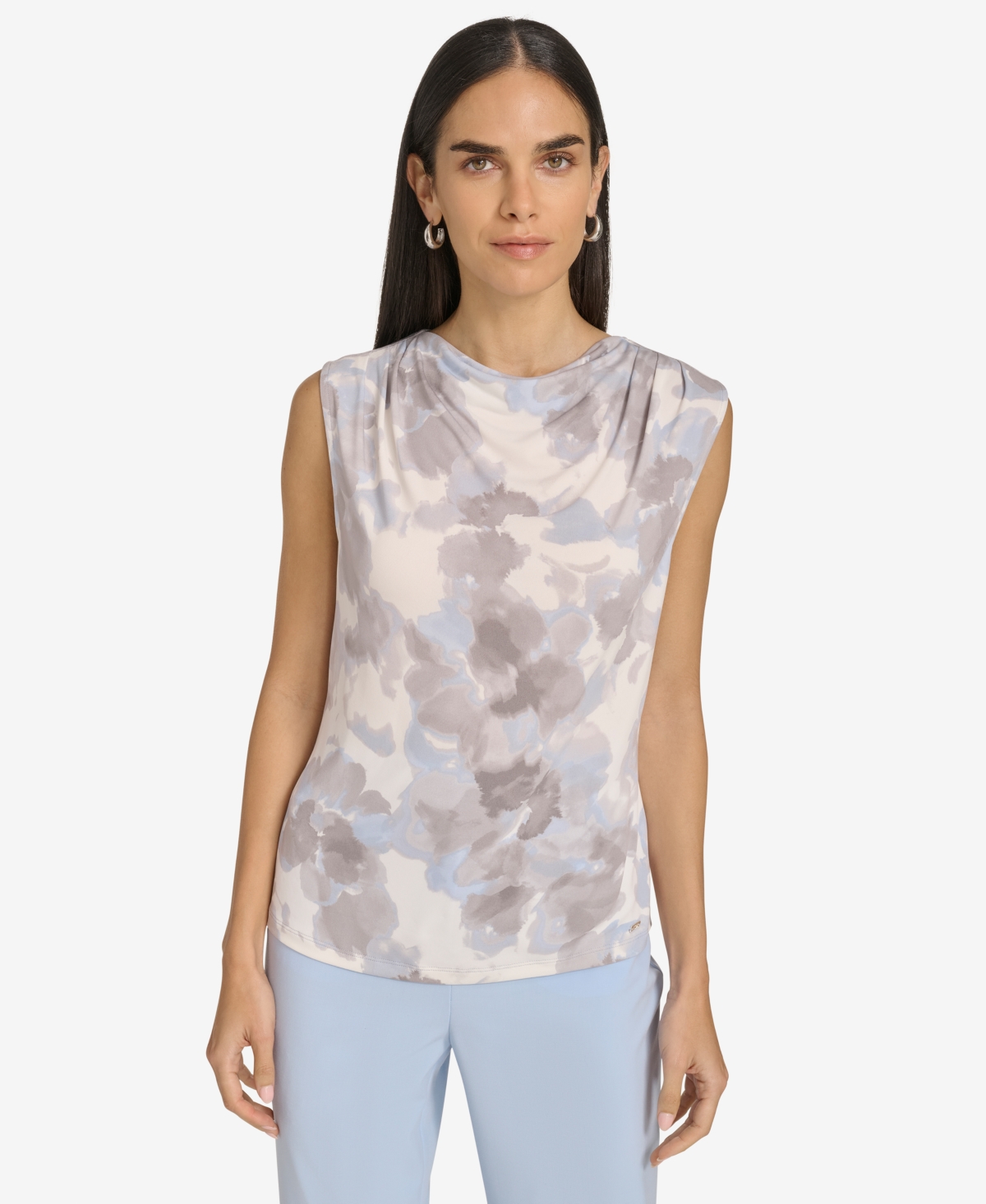 Calvin Klein Petite Draped-neck Sleeveless Top In Cream Multi