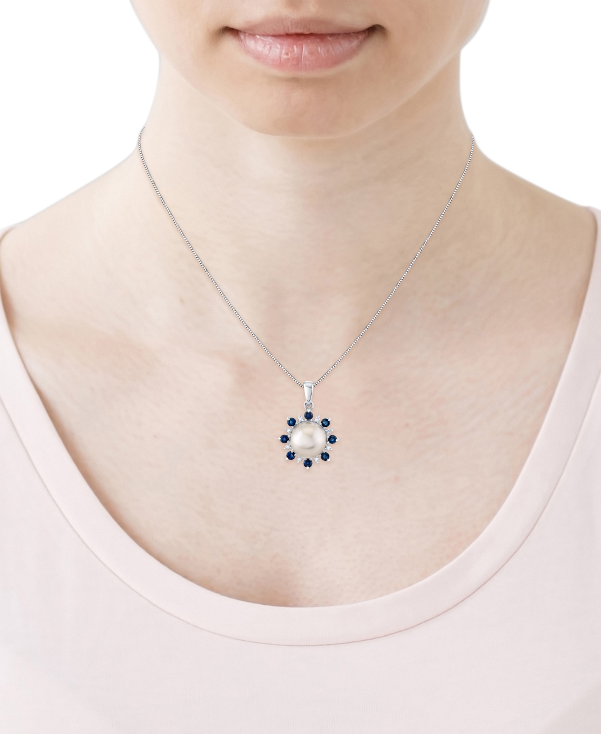 MACY'S CULTURED FRESHWATER PEARL (9MM), BLUE SAPPHIRE (5/8 CT. T.W.) & DIAMOND 18" PENDANT NECKLACE IN 14K  