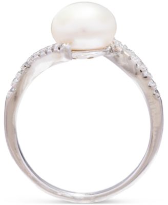 Cultured Freshwater Pearl (8mm) & Cubic Zirconia Bypass Swirl Ring in Sterling Silver