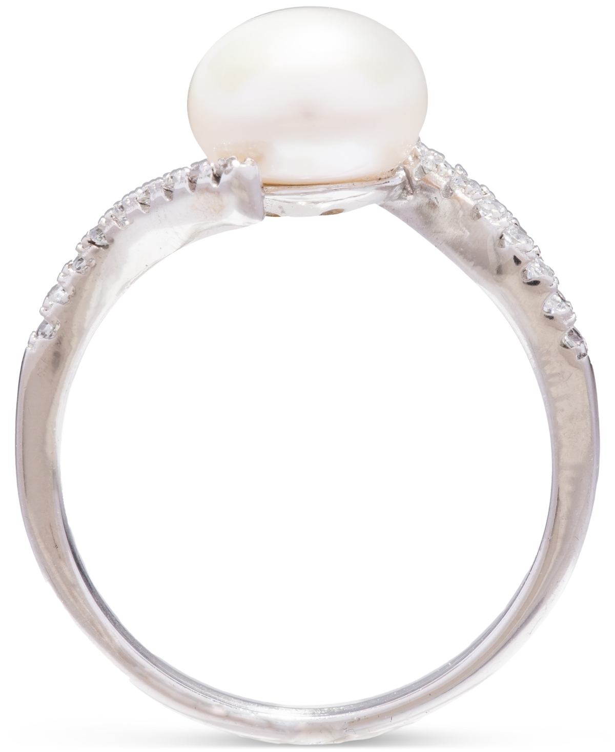 Macy's Cultured Freshwater Pearl (8mm) & Cubic Zirconia Bypass Swirl Ring In Sterling Silver