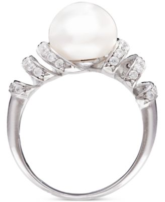 Cultured Freshwater Pearl (10mm) & Cubic Zirconia Swirl Coil Ring in Sterling Silver