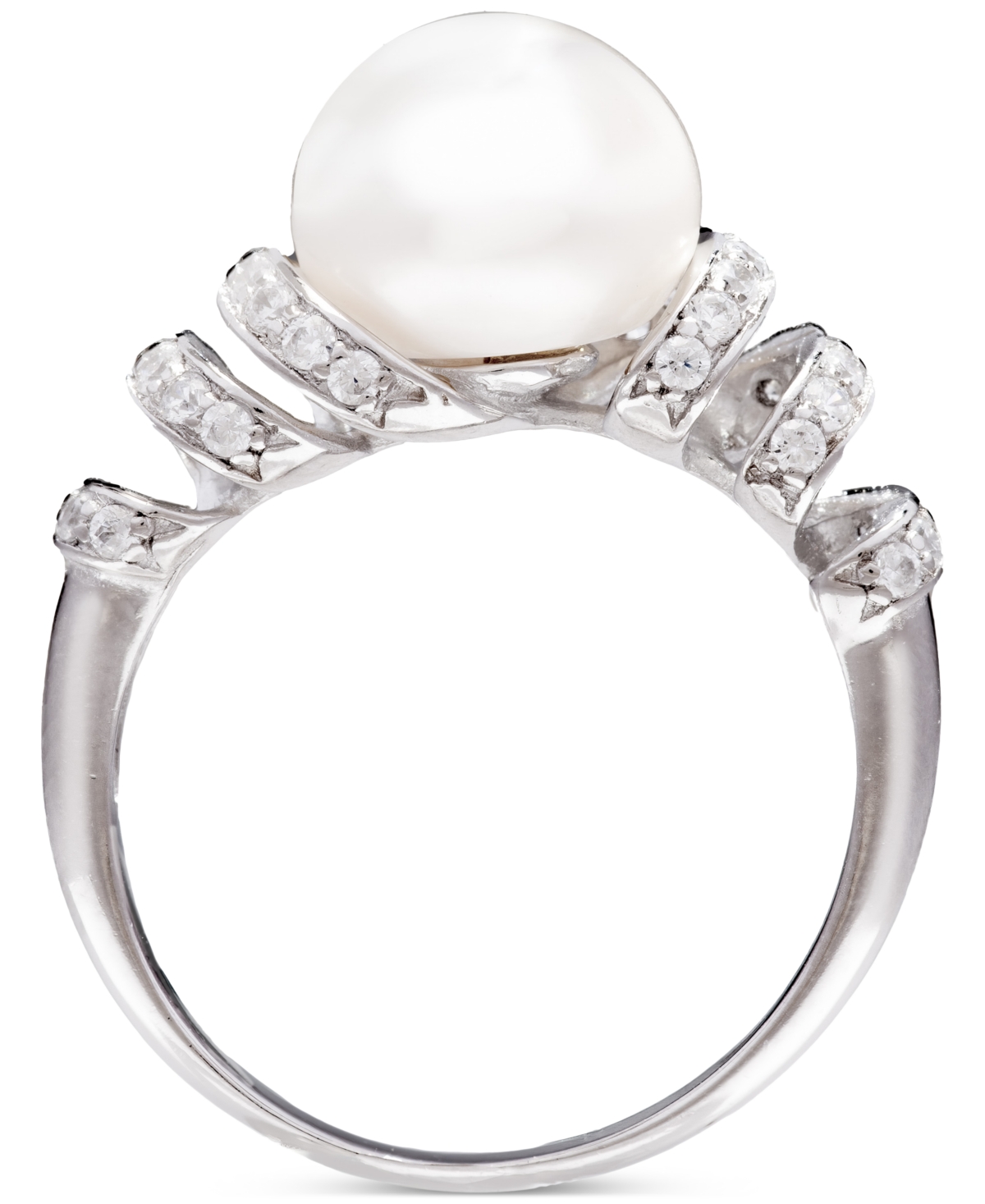 MACY'S CULTURED FRESHWATER PEARL (10MM) & CUBIC ZIRCONIA SWIRL COIL RING IN STERLING SILVER 