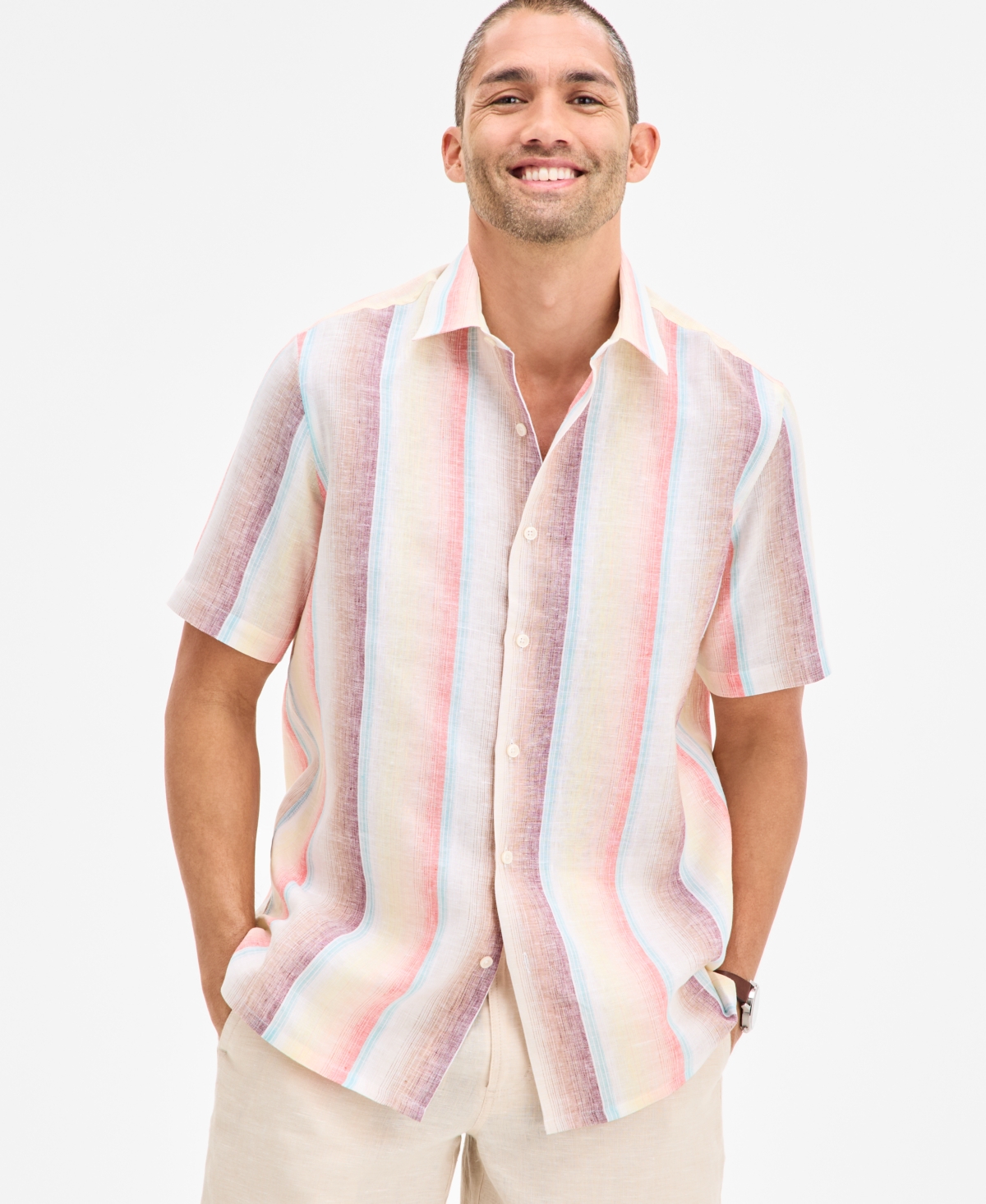 Club Room Men's Sunrise Short Sleeved Striped Button-front Linen Shirt, Exclusively At Macy's