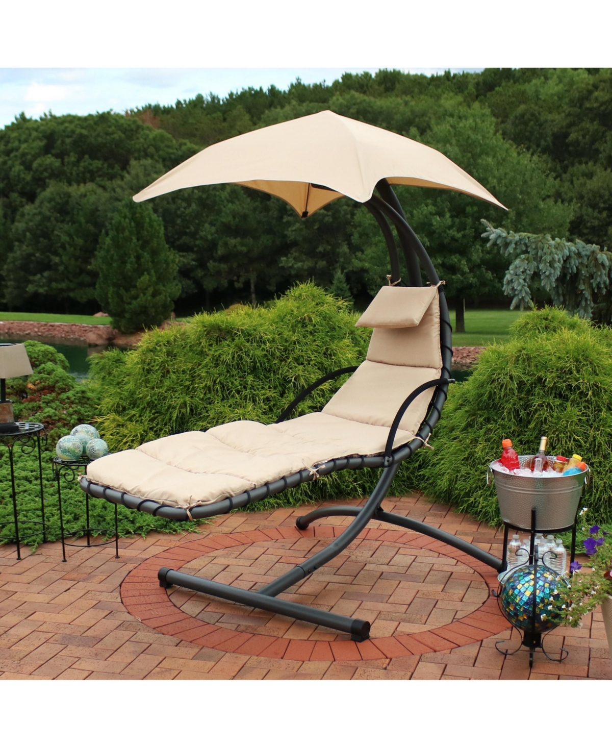 Outdoor Hanging Chaise Floating Lounge Chair with Canopy Umbrella and Arc Stand