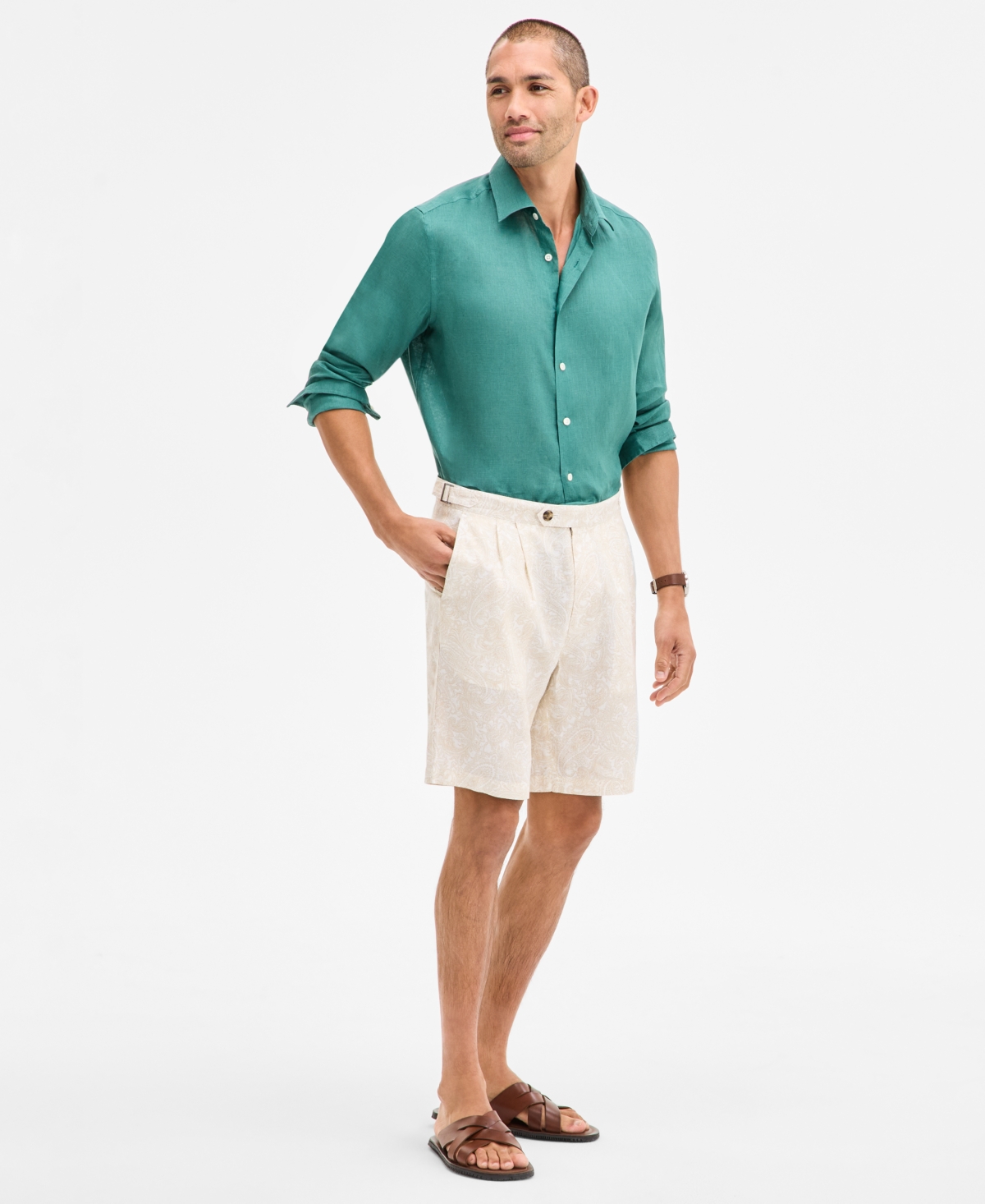 Men's Paisley Pleated Linen 9" Shorts, Exclusively at Macy's - Safari