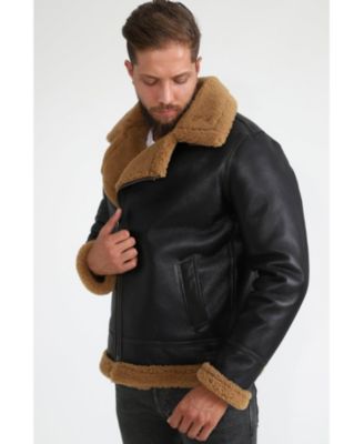 Men's Shearling Biker Jacket, Silky Brown with Ginger Curly Wool