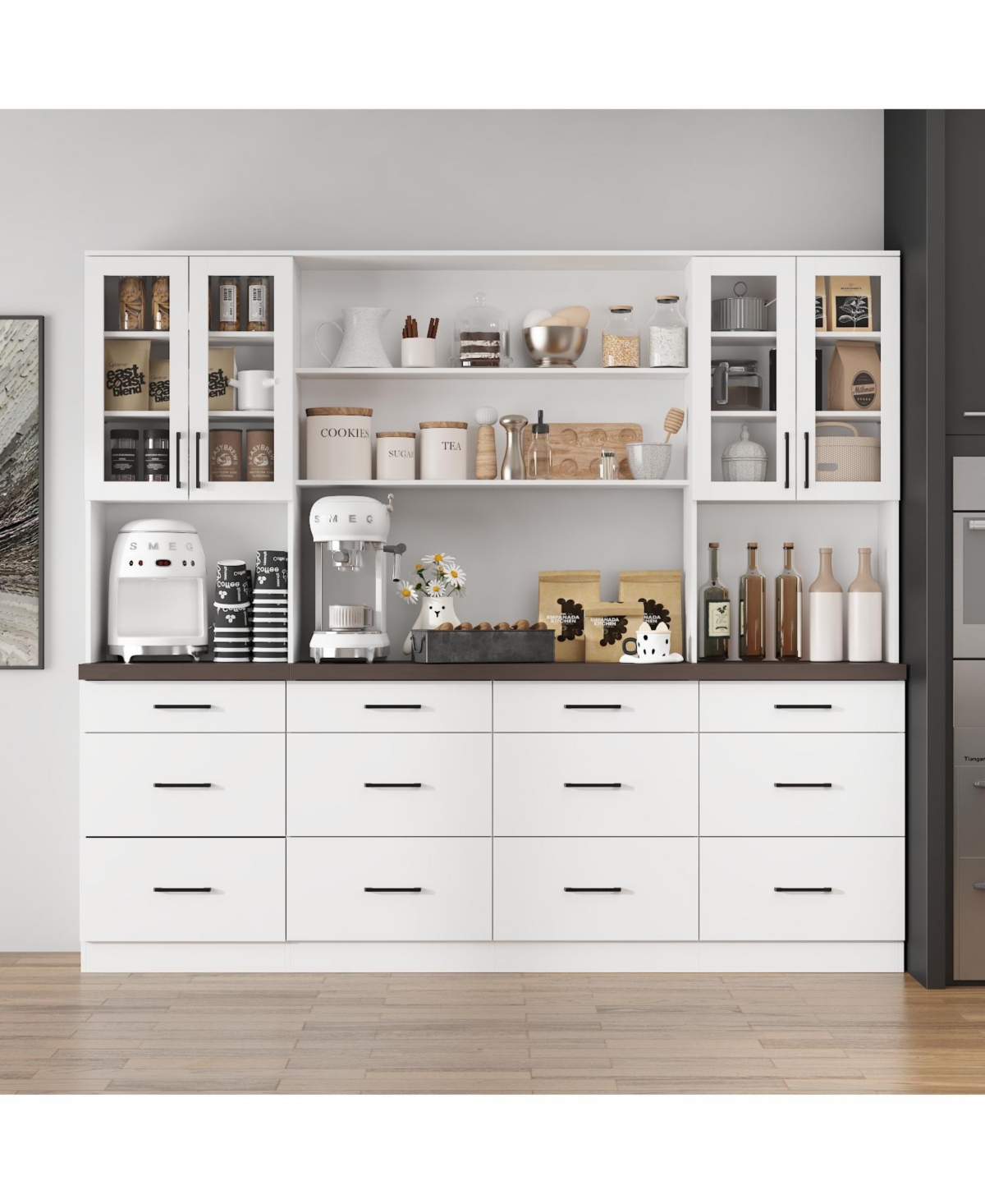 Famapy Grey Kitchen Cabinet with Glass Doors with 12 Drawers, Pantry Storage Cabinet with Shelves