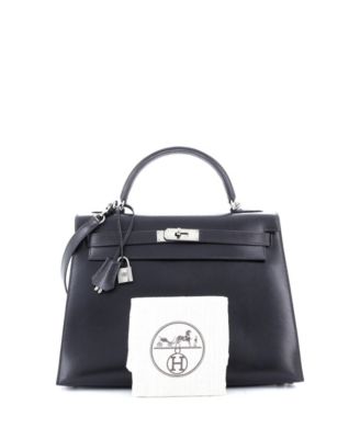 Бывшая в употреблении сумка HERMES Kelly 32 из телячьей кожи черного цвета с рутениевой фурнитурой