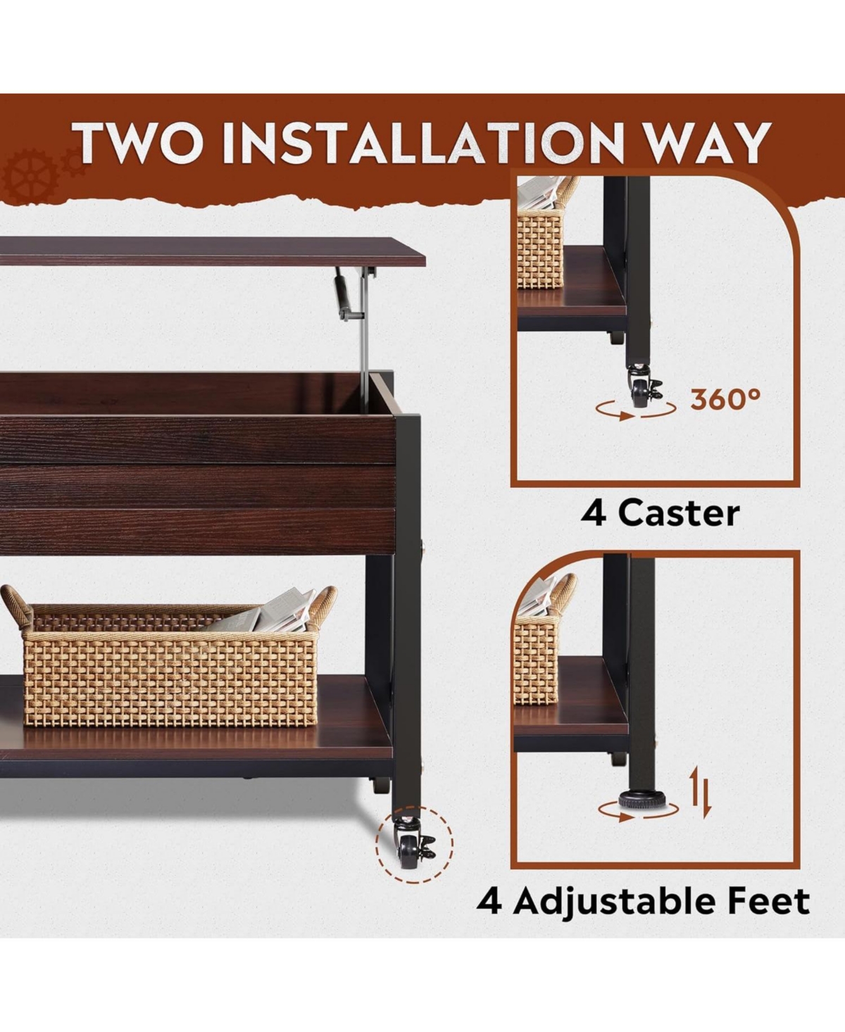 Wlive Lift Top Coffee Table for Living Room, Coffee Table with Storage, Hidden Compartment and Metal Frame, Central Table with 4 Casters for Reception