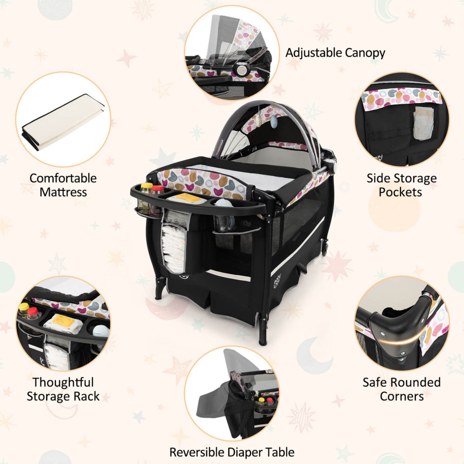 Pack Play Baby Diaper Changing Table 4 in 1 Foldable with Mattress