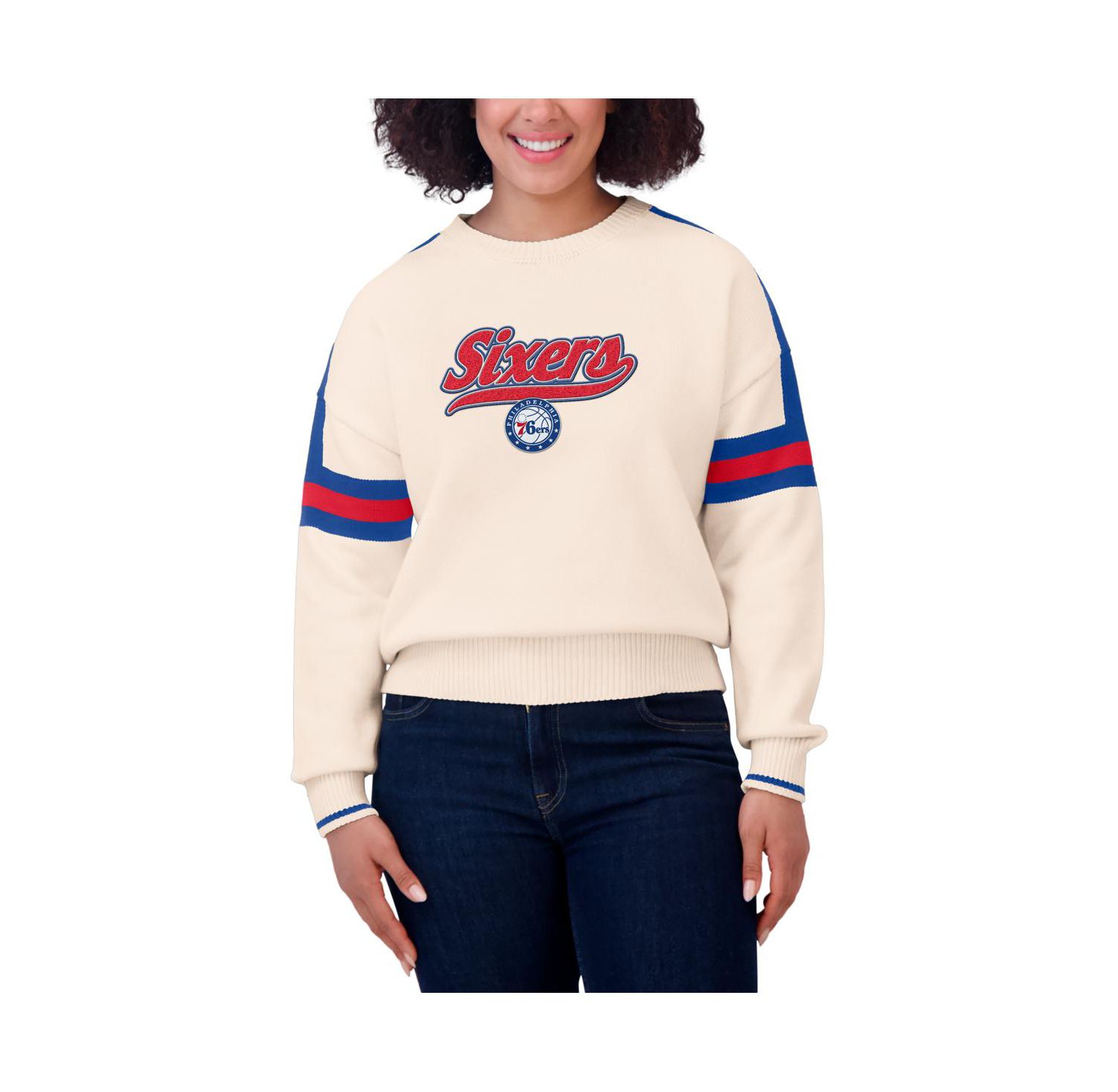 Women's Cream Philadelphia 76ers Stripe Pullover Sweater