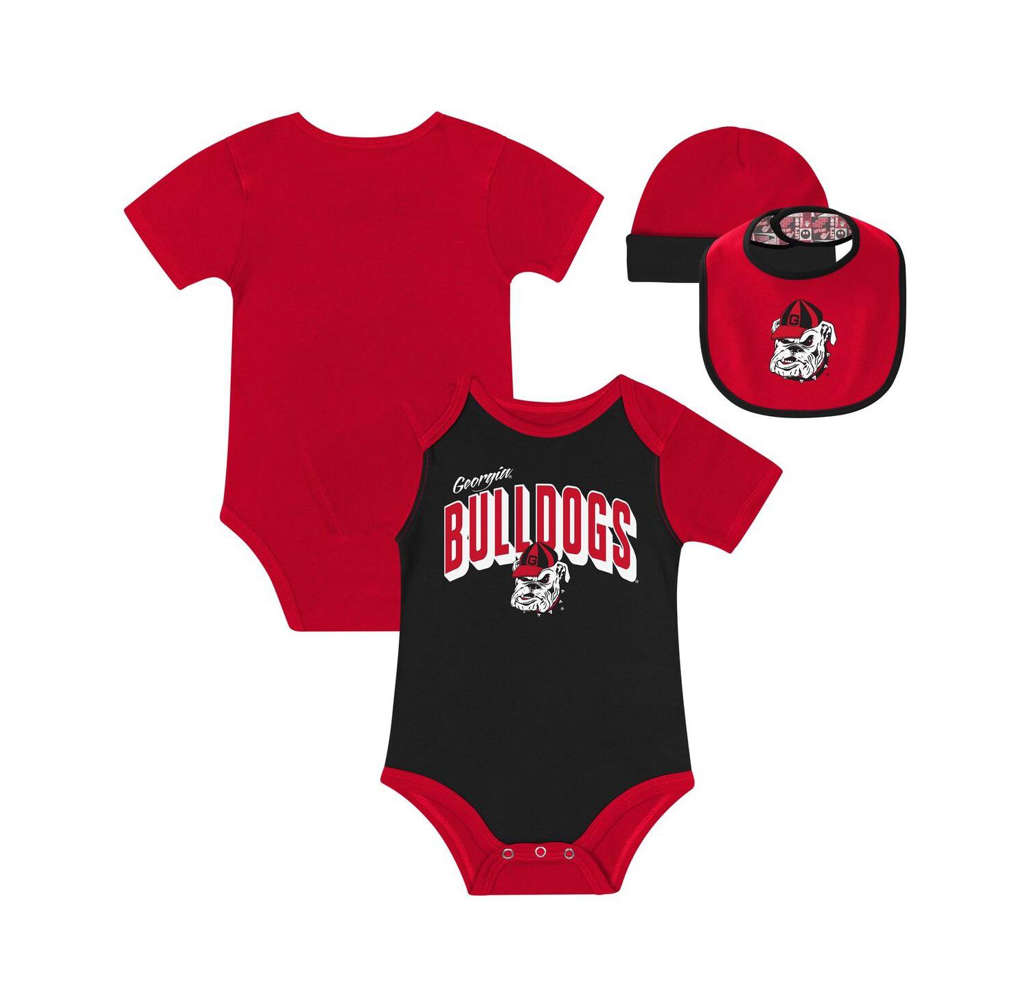 Baby Boys and Girls 3-Piece Georgia Bulldogs Dynamic Duo Bodysuit, Bib and Cuffed with Knit Hat Set