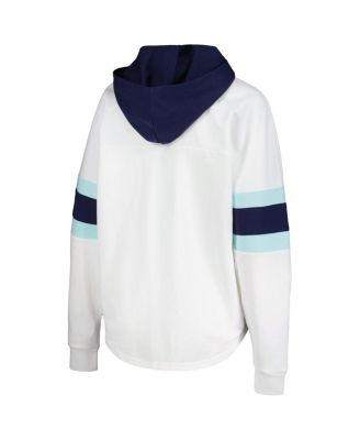 G-III 4Her by Carl Banks Womens WhiteDeep Sea Blue Seattle Kraken Goal Zone Long Sleeve Lace-Up Hoodie T-Shirt 12390₽
