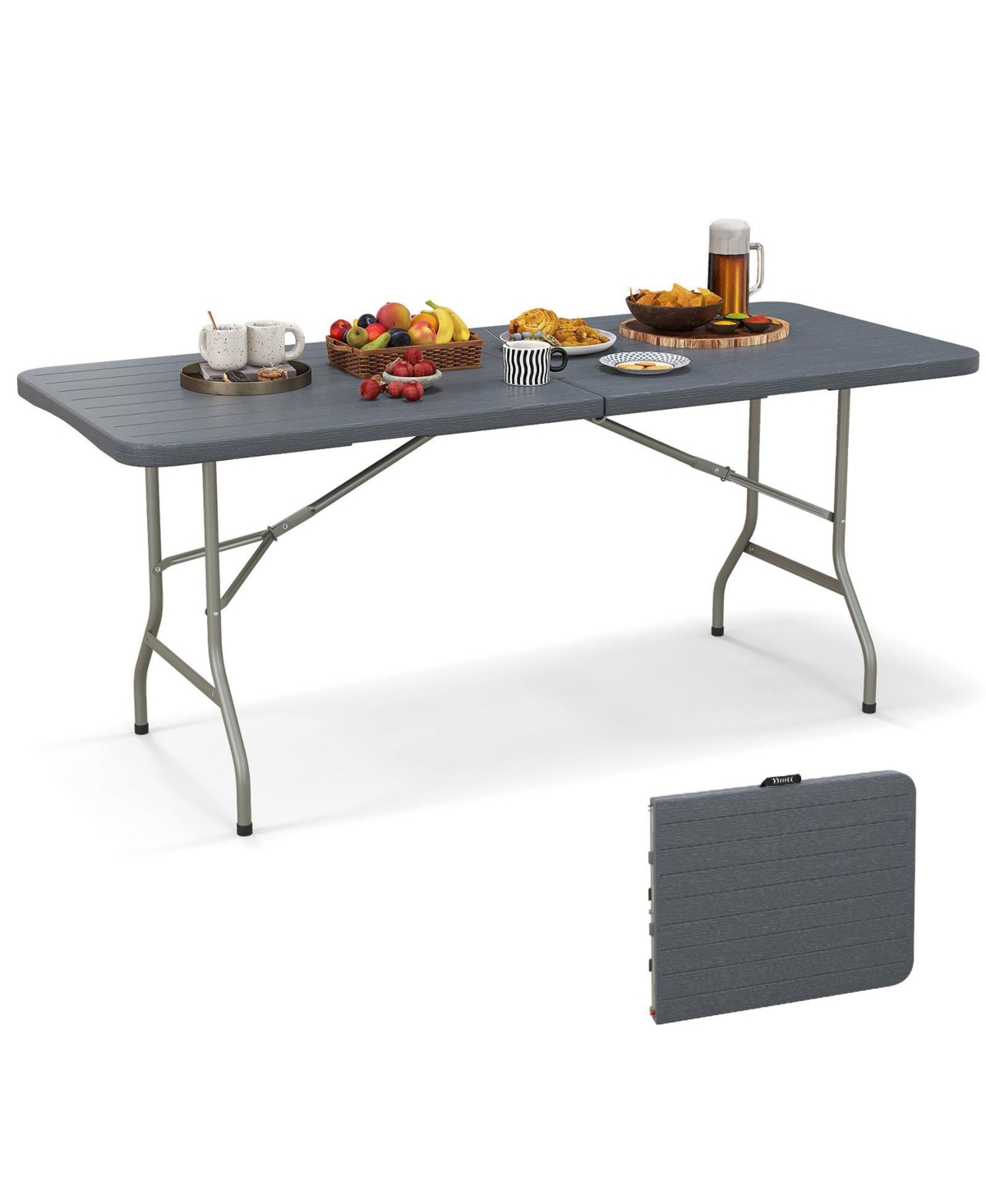 6 ft Portable Folding Table 350 Lbs Fold-in-Half Table with Hdpe Tabletop - Grey