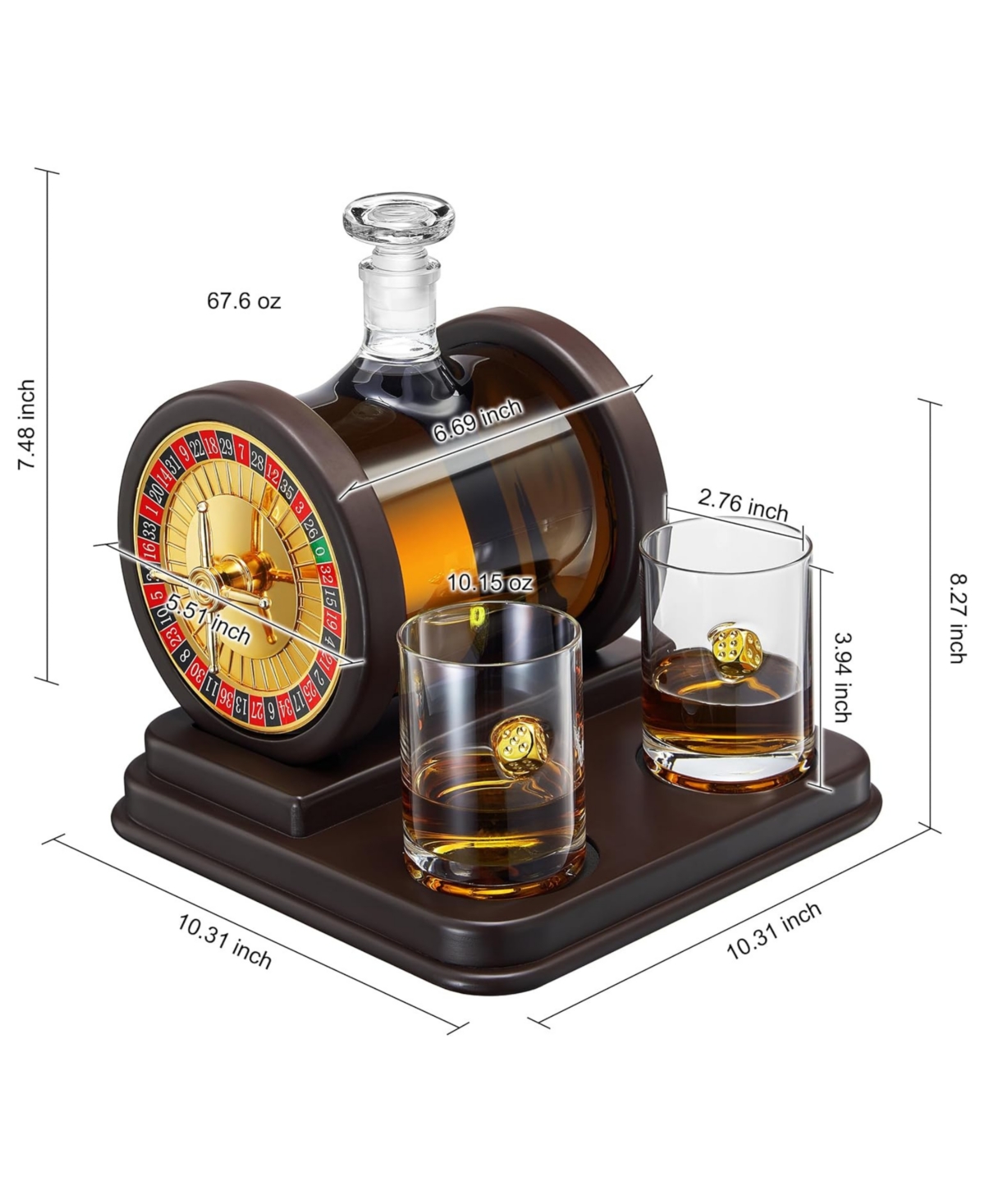 The Wine Savant Casino Roulette Whiskey Decanter With Dice Whiskey Glasses, Set Of 3 In Clear