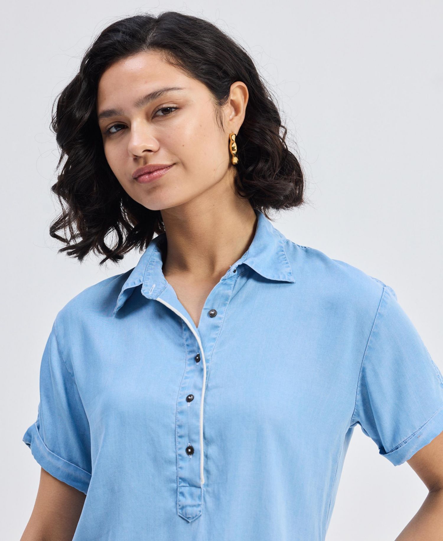 Women's Drawstring Denim Shirt Dress with Front Buttons in Blue