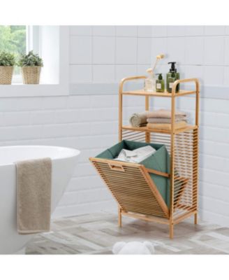 Tilt-out Bamboo Laundry Hamper with 2-Tier Shelf and Removable Liner