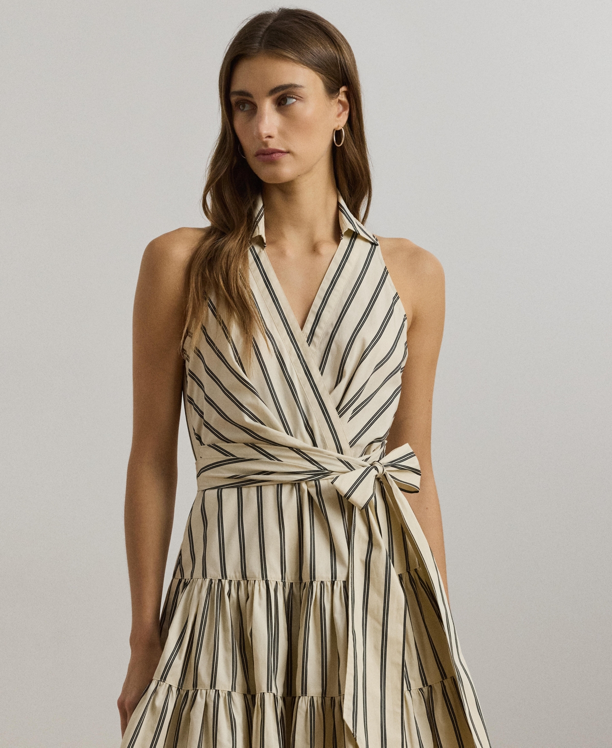 Ralph Lauren Striped Cotton Sleeveless Surplice Dress In Ivory Beige,black