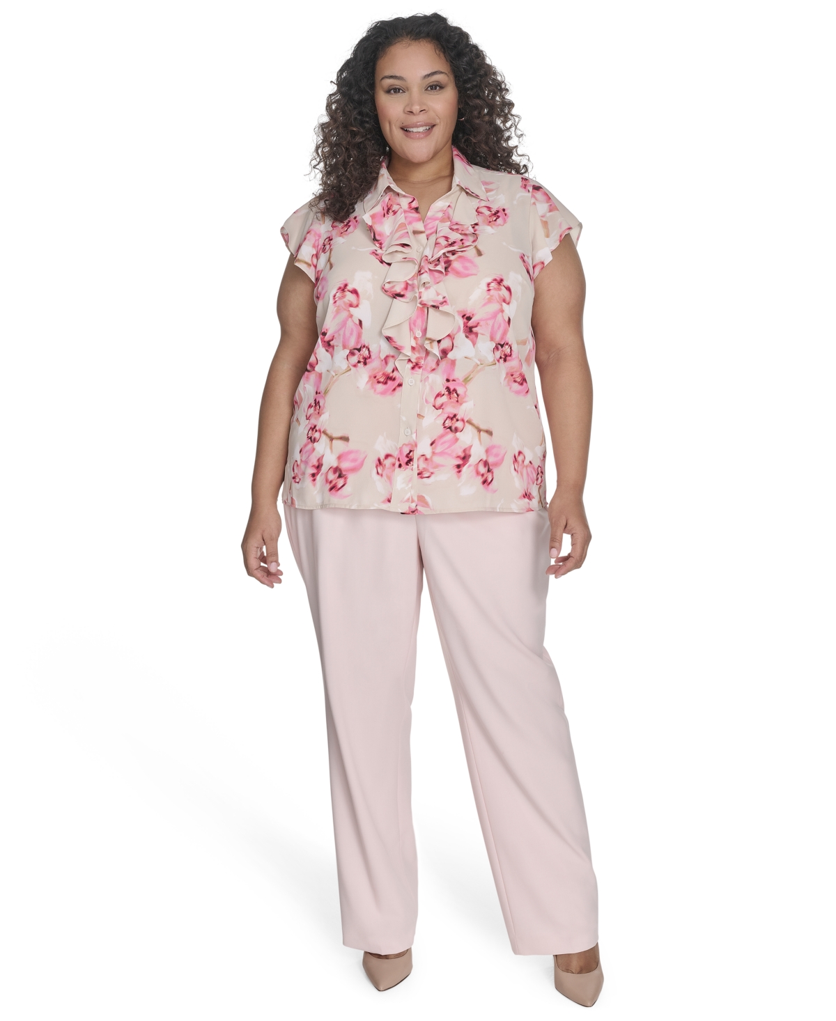 CALVIN KLEIN PLUS SIZE FLORAL RUFFLE-FRONT BLOUSE 