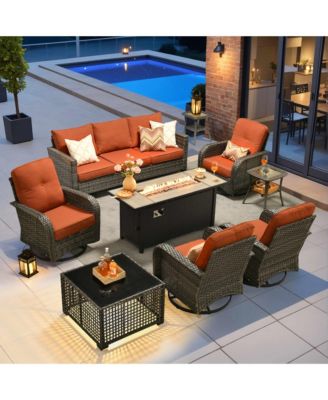 9 Piece Outdoor Patio Furniture with 3 Seat Sofa,All Weather Wicker Coversation Set with Swivel Rocking Chair,Balcony Sofa Set with Solar Nesting Tables and 54'' Fire Pit for Outside Porch Backyard Pool