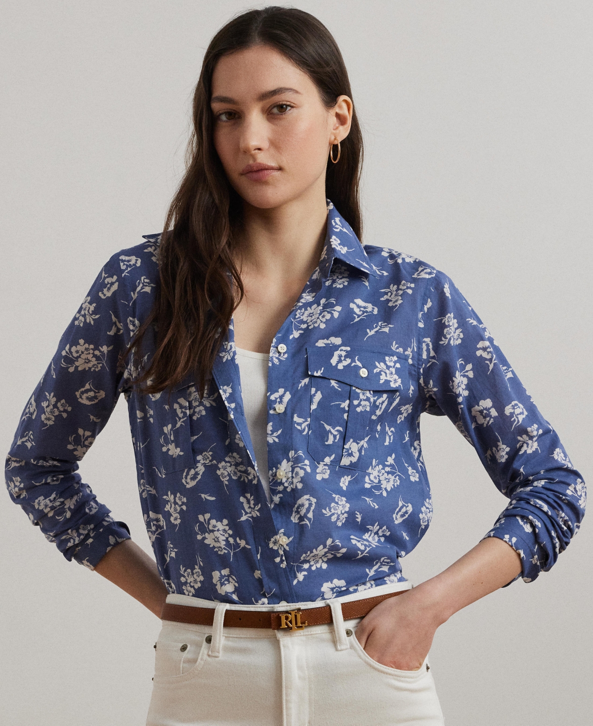 Women's Classic-Fit Floral Cotton Voile Shirt - Blue/White