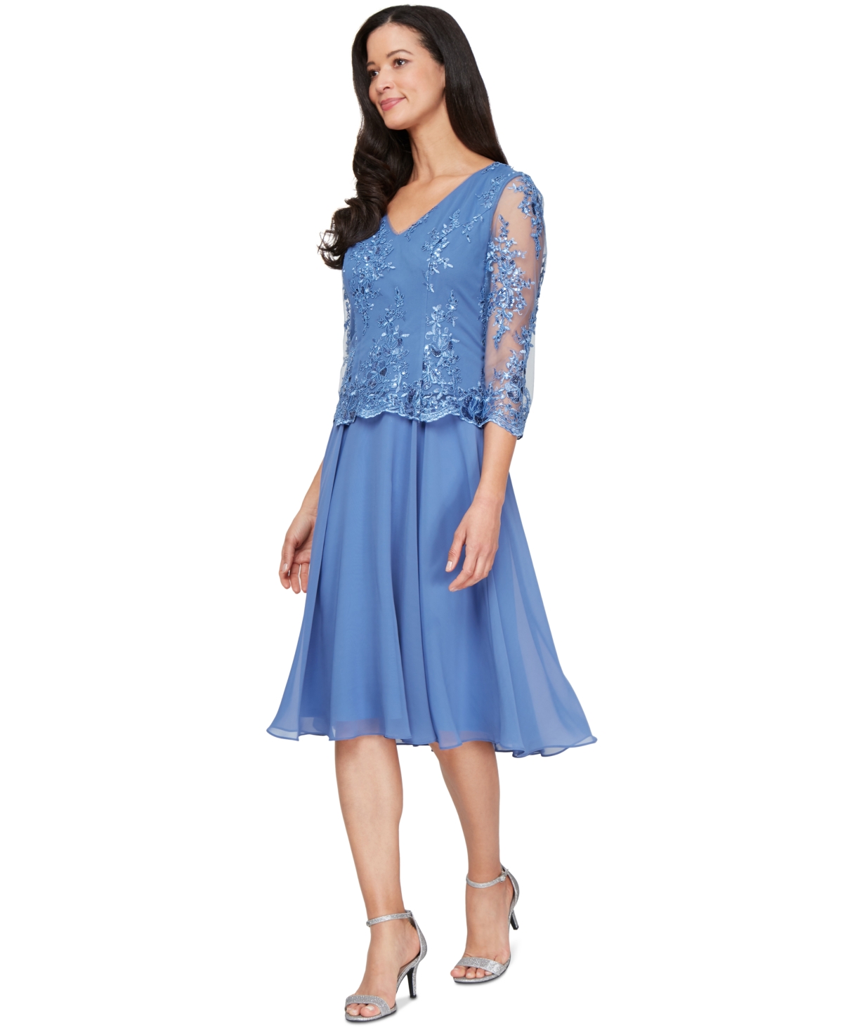 Petite V-Neck Chiffon 3/4-Sleeve Dress - Cornflower