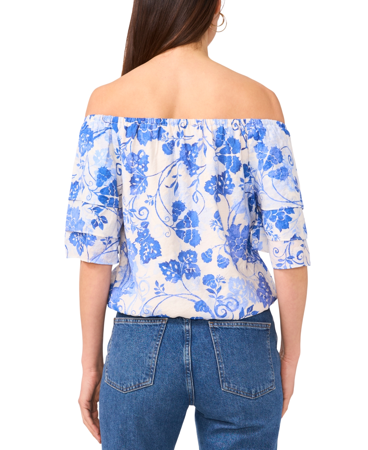 Sam & Jess Petite Vine-print Off-the-shoulder Elbow-sleeve Top In Jet Stream