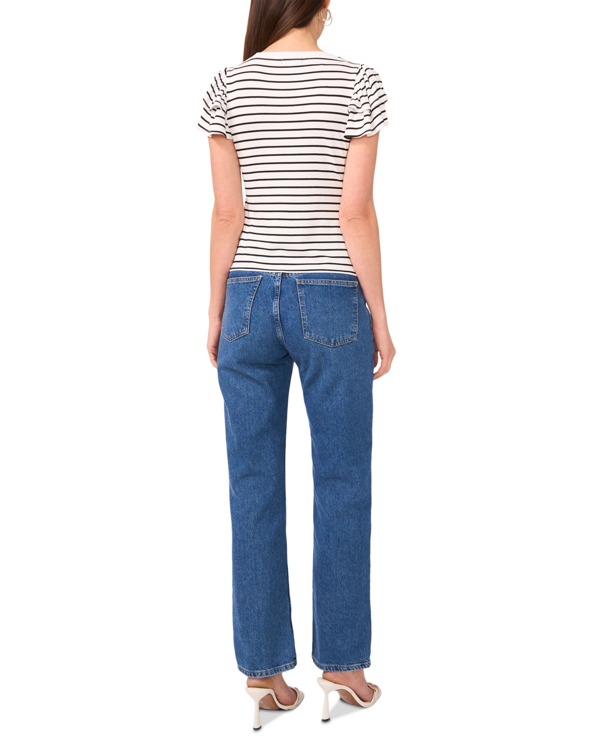 Sam & Jess Petite Ribbed Flutter-sleeve Striped Top In New Ivory