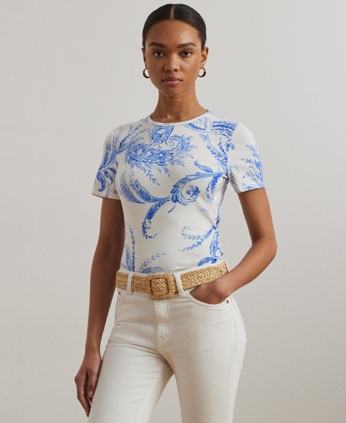 Women's Paisley Stretch Cotton Crewneck Tee - White Blue