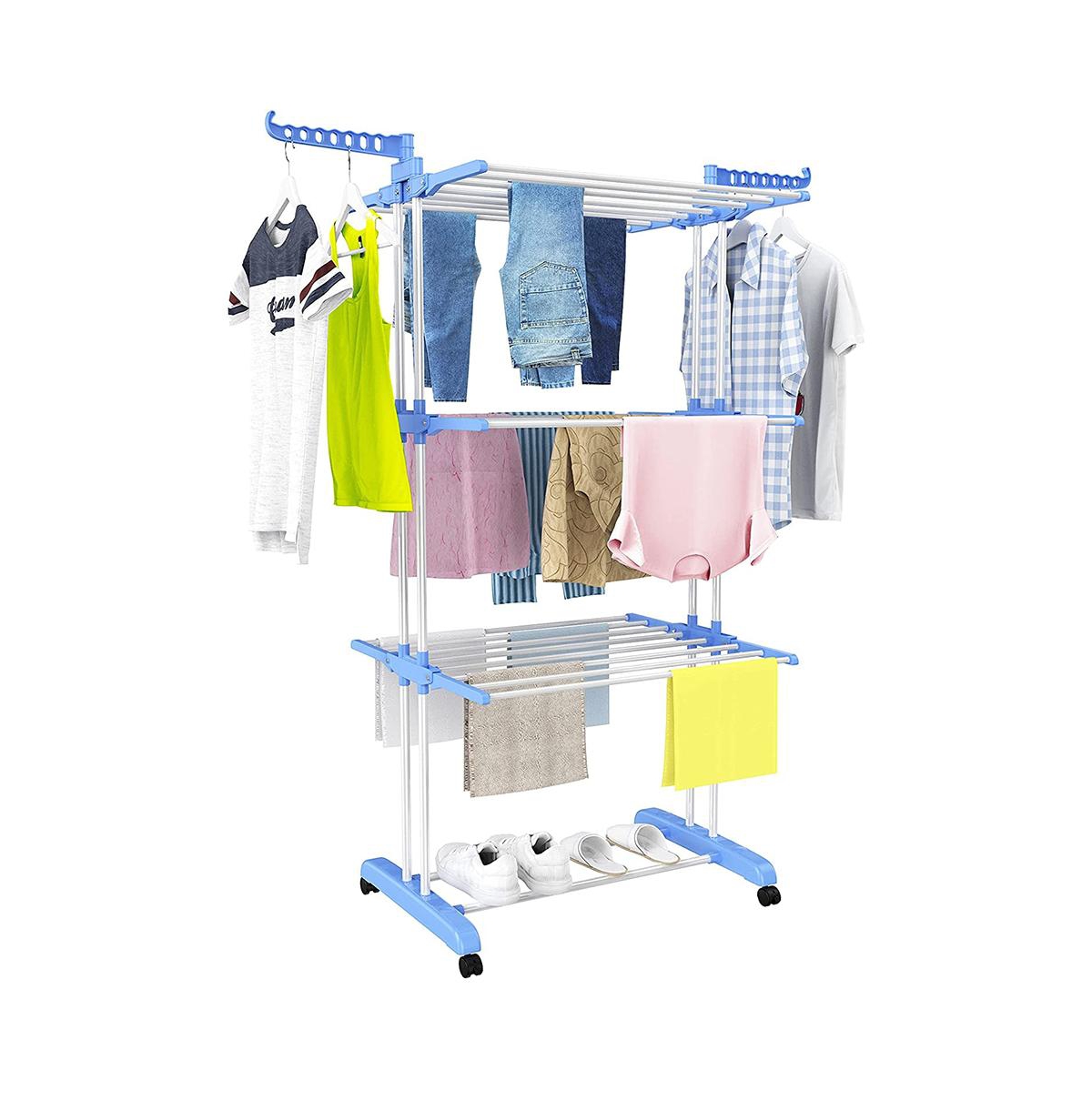 4-tier Folding Clothes Drying Rack with Rotatable Side Wings - White