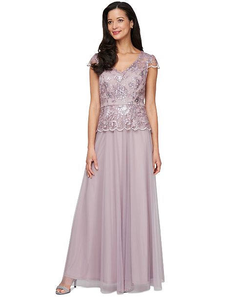 alfani Alex Evenings Women's V-Neck Cap-Sleeve Embroidered Gown Women's Fashion Shoes & Accessories