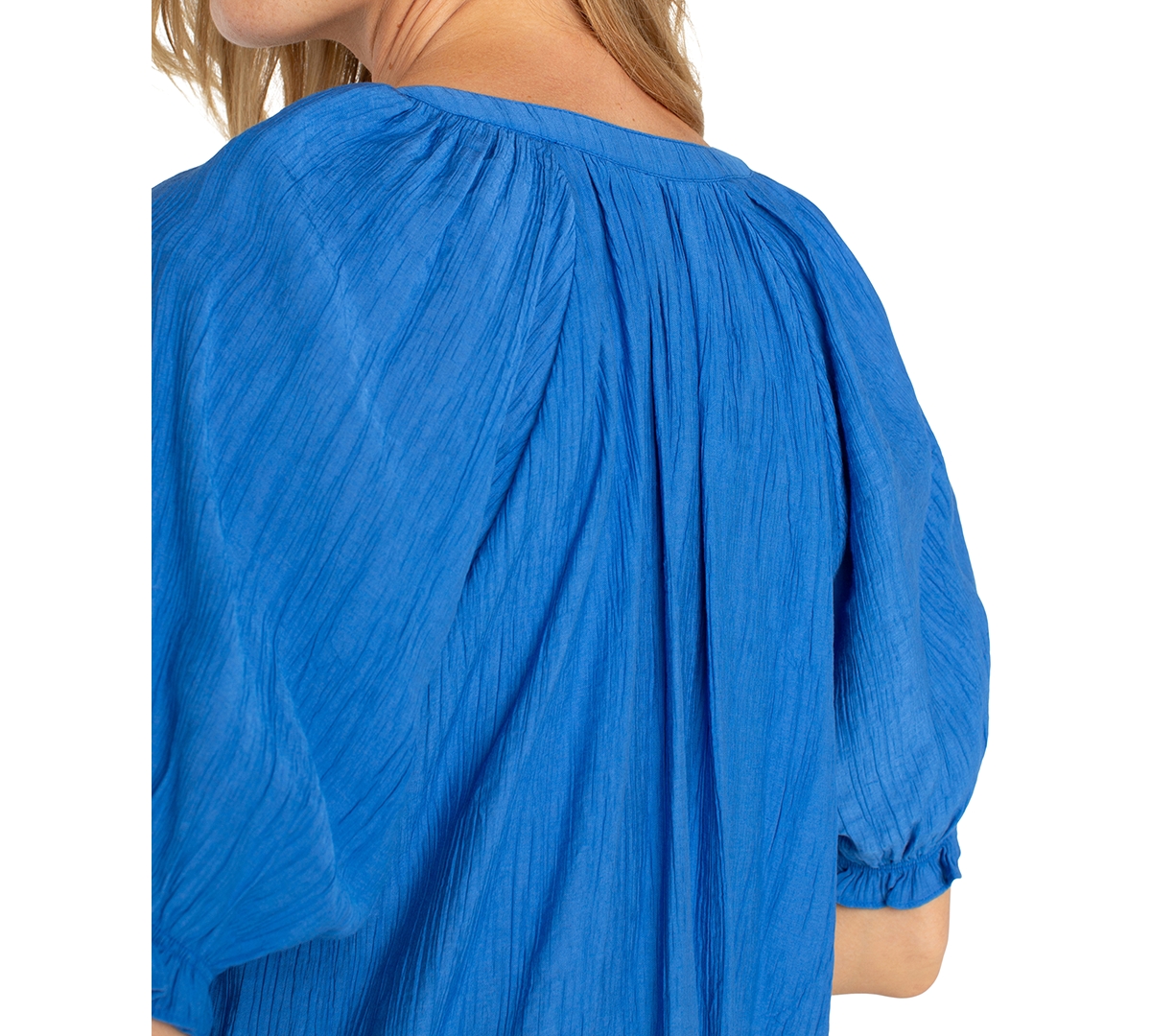 Liverpool Los Angeles Liverpool Plus Size Woven Split-neck Puff-sleeve Blouse In Cobalt