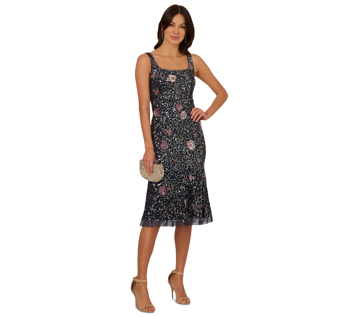 Women's Square-Neck Sleeveless Beaded Dress - Navy/Pink Multi