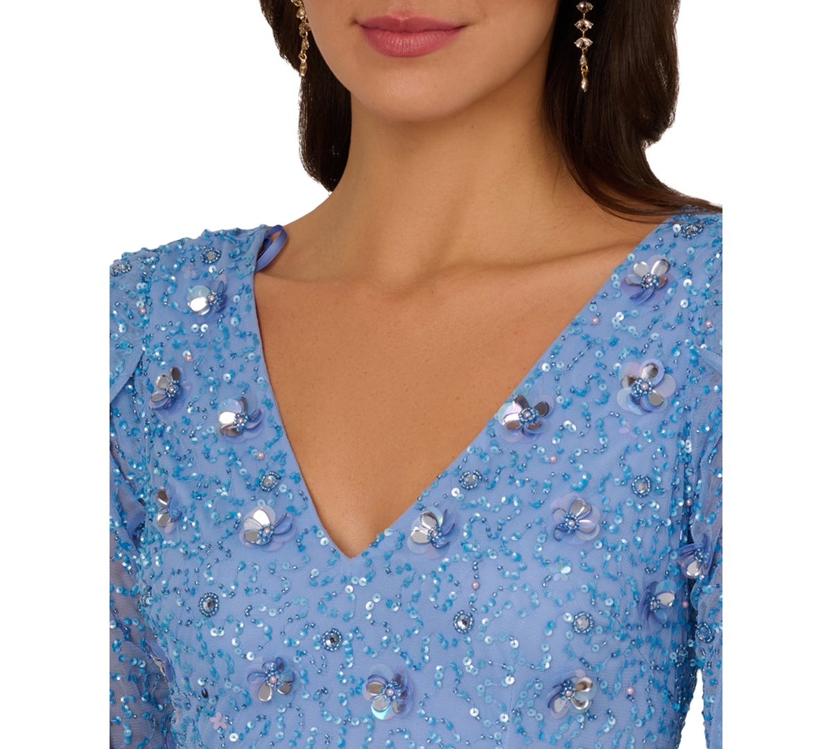 Shop Adrianna Papell Women's V-neck Petal-sleeve Beaded Gown In Bluebell