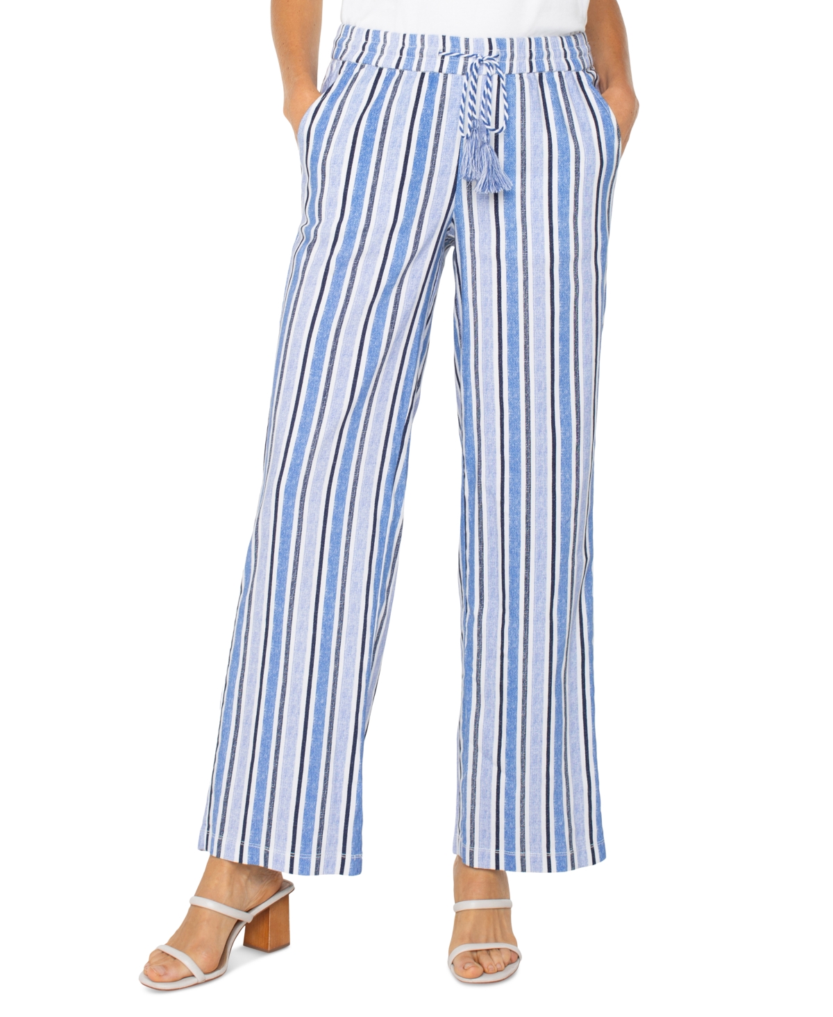 Liverpool Los Angeles Stripe Linen Blend Drawstring Wide Leg Pants In White Black Mlt Stripe