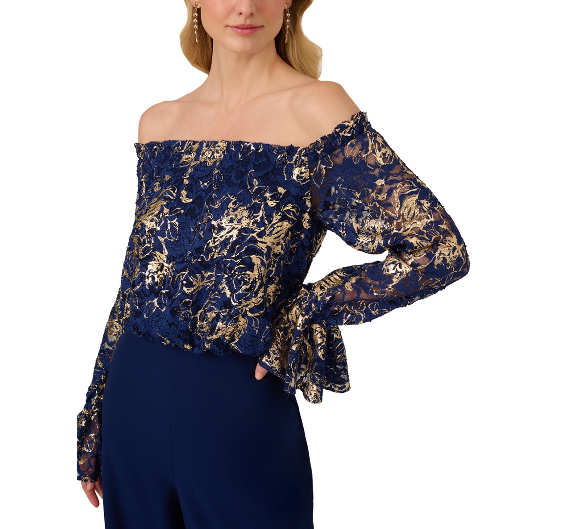 Shop Adrianna Papell Women's Off-the-shoulder Lace & Crepe Jumpsuit In Navy,gold