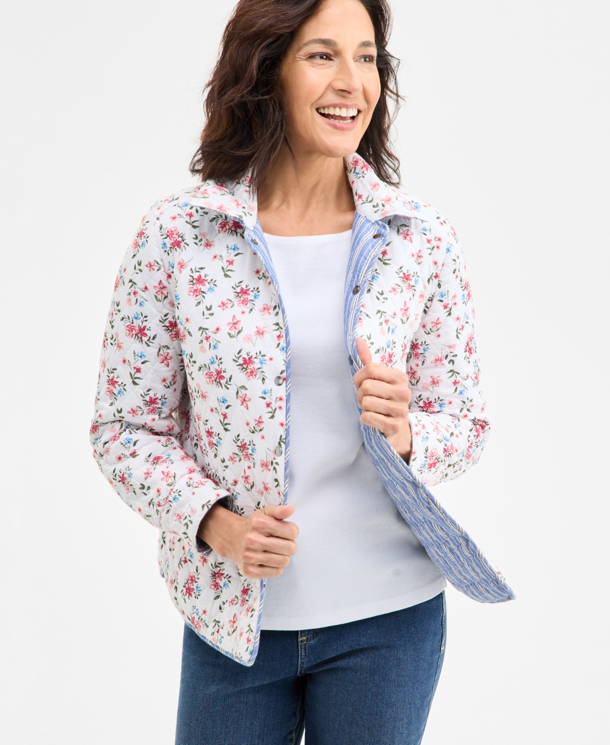 Style & Co Women's Reversible Quilted Shacket, Exclusively At Macy's In Stripe Blue