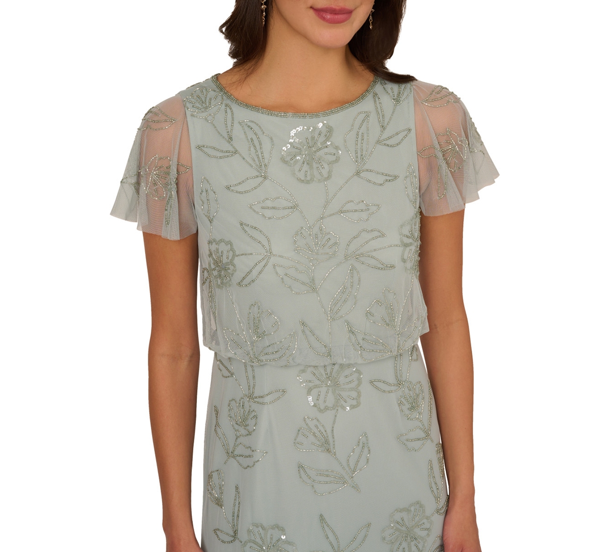Shop Adrianna Papell Women's Beaded Blouson Flutter-sleeve Dress In Aqua Dust
