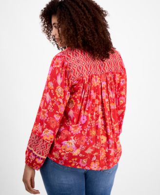 Liverpool Plus Size Printed Blouson-Sleeve Button-Front Blouse