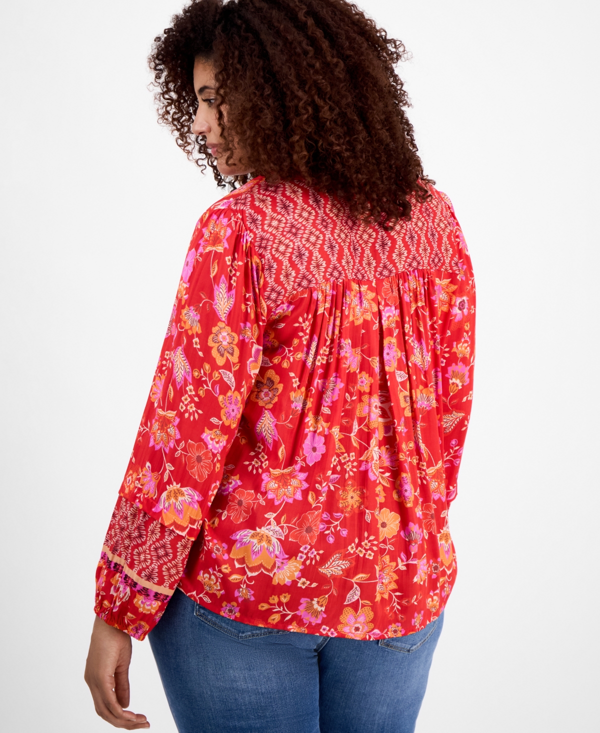 Liverpool Los Angeles Liverpool Plus Size Printed Blouson-sleeve Button-front Blouse In Red