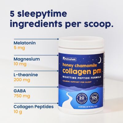 Collagen PM - Honey Chamomile Nighttime Collagen Peptides Powder with Magnesium, GABA, L-Theanine and Melatonin - 20 Servings