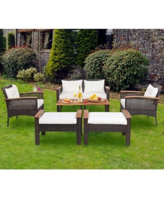 7 Piece Outdoor Wicker Conversation Set Patio Rattan Sofa Set  w/ Coffee Tables Cushions