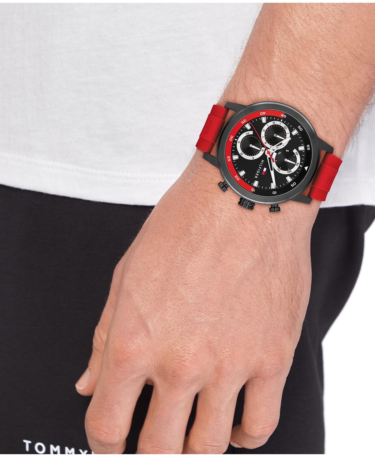 Tommy Hilfiger Men's Multifunction Red Silicone Strap Watch, 46mm In Red